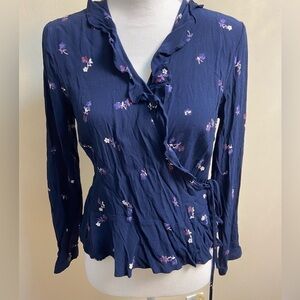 Rails Simone blouse navy blue floral true wrap long sleeves. Large